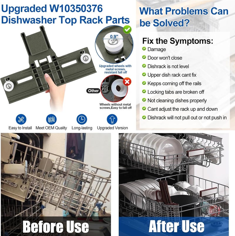 S-Union Upgraded W10350376 Dishwasher Top Rack Adjuster Parts For Whirlpool Kenmore W10195840 KUDS30IXSS4 Upper Rack Part,KUDS30FXSS5 Dishwasher Replacement Top Rack,For Kitchenaid Dishwasher Parts Upper Rack - Image 4